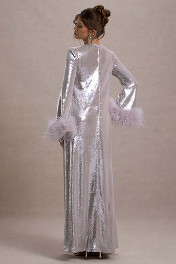 Tallie Lilac Sequin Maxi Dress With Feather Trim